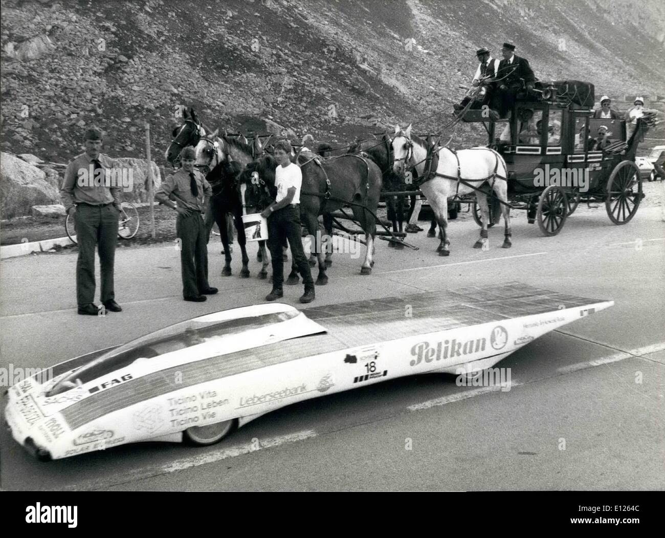 Jun. 06, 1989 - Strange encounter on the Gotthard pass While this nostalgic stage-coach is on its way to bring tourists to the sunny Tessin on June27th, it meets a very different kind of vehicles right on the Gotthard Pass: It's the Musenalp-Trykowski- Mobile, leader in this years Tour De Sol, which crosses easily and with respectable speed this alpine pass. Stock Photo