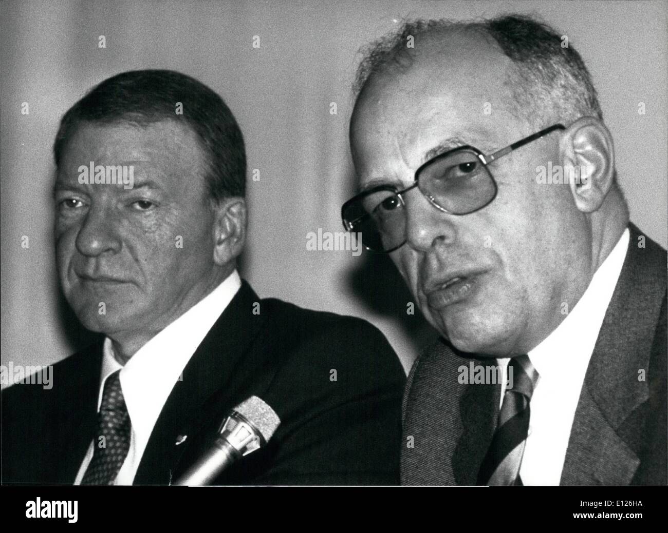 Mar. 03, 1990 - Volvo and Renault join their forces: After Renault and Volvo had announced their plans to join their forces, the presidents of these two major car companies held a press conference in Geneva Mach 05 to give further information how they plan their common future. Photo shows Volvo President Pehr G Gyllenhammar (left) and Renault-President Raymond H. Levy during presser in Geneva. Stock Photo