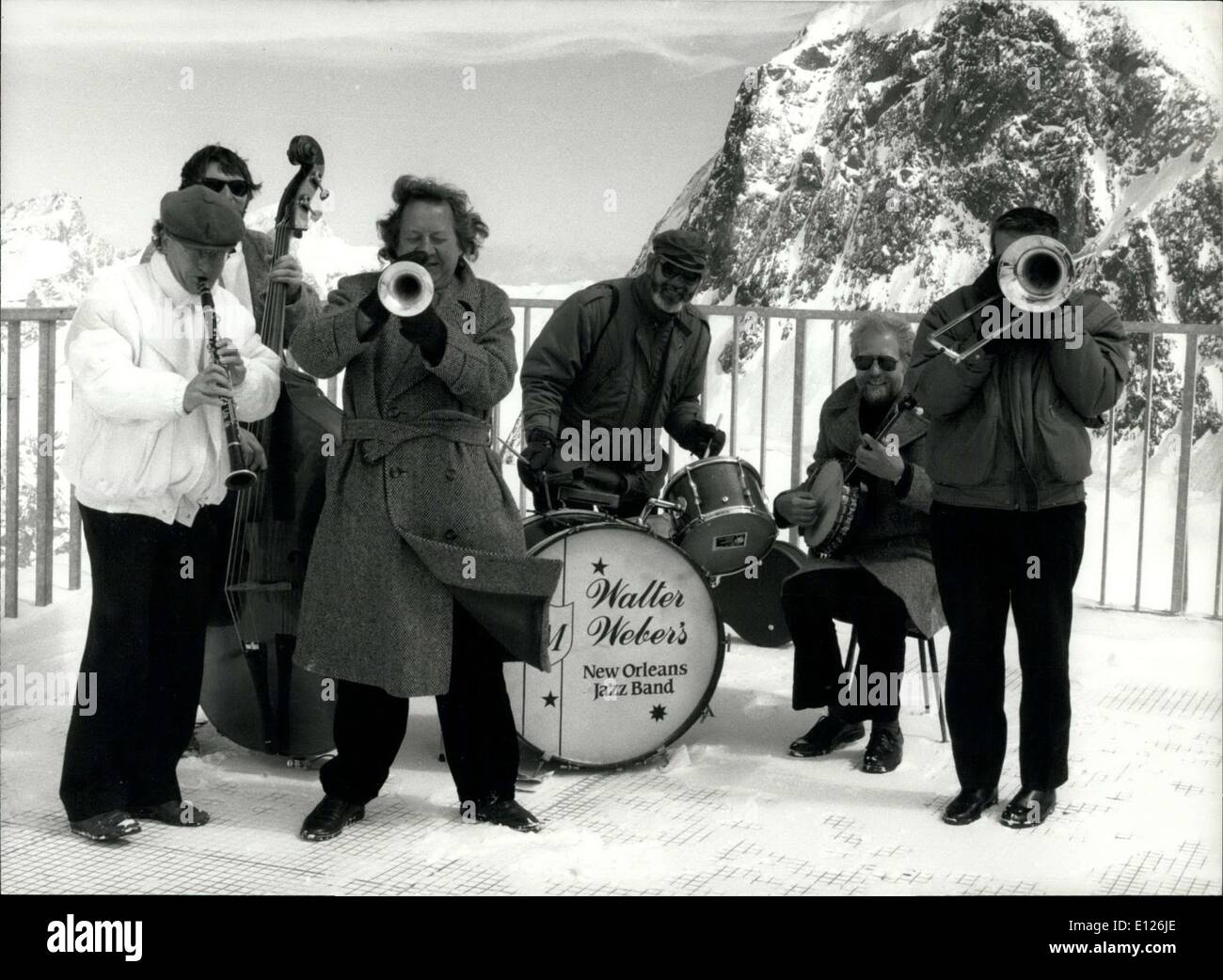 Apr. 13, 1990 - Jazz form the top of the hill A Jazz -tournee in the Swiss Mountains absolved the well-known Walter Webers New-Orleans-Jazz Band from Winterthur. Our picture shows the Band on the little Matterhorn on an altitude of 3830 Meters. The show didn't last a long time, because the instrument froze in. Stock Photo