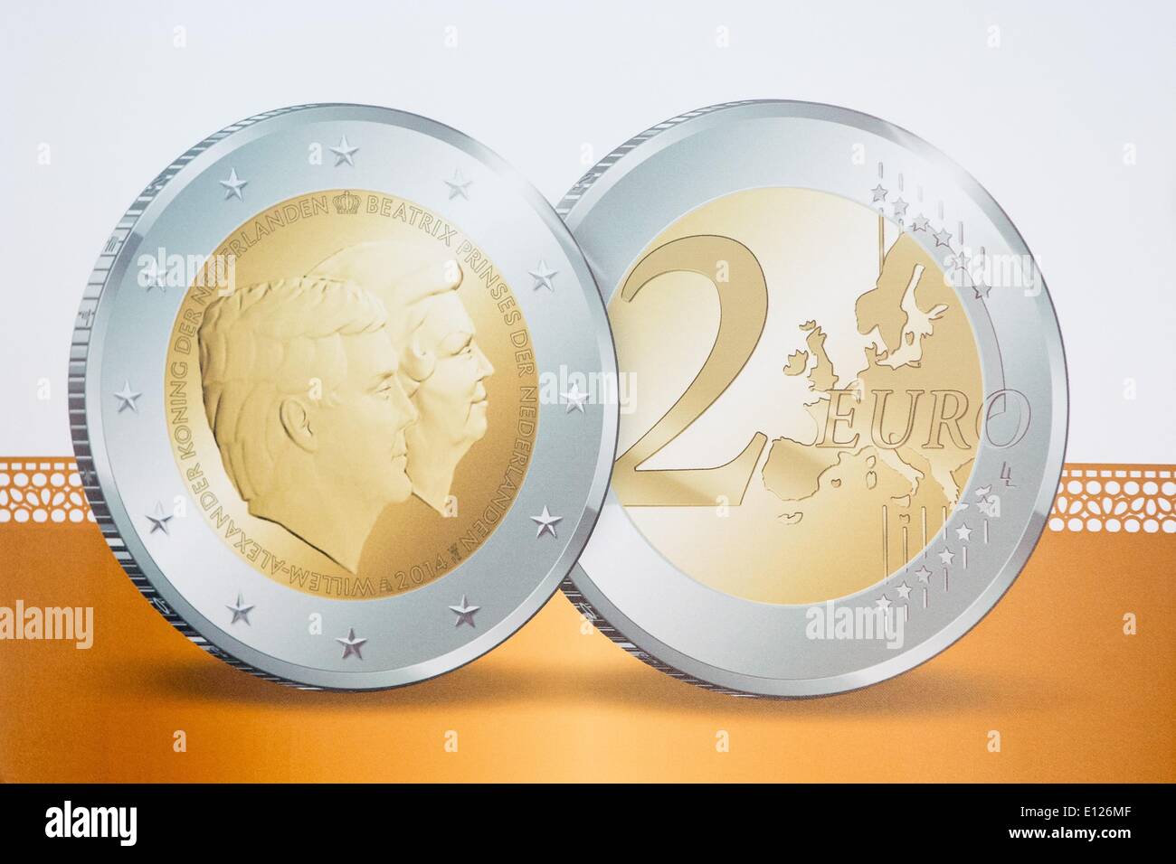 HANDOUT - Undated handout shows the new 2 Euro coin with a double portrait of King Willem-Alexander and Princess Beatrix at the Royal Mint in Utrecht, The Netherlands. Photo: Royal Dutch Mint NO WIRE SERVICE Stock Photo