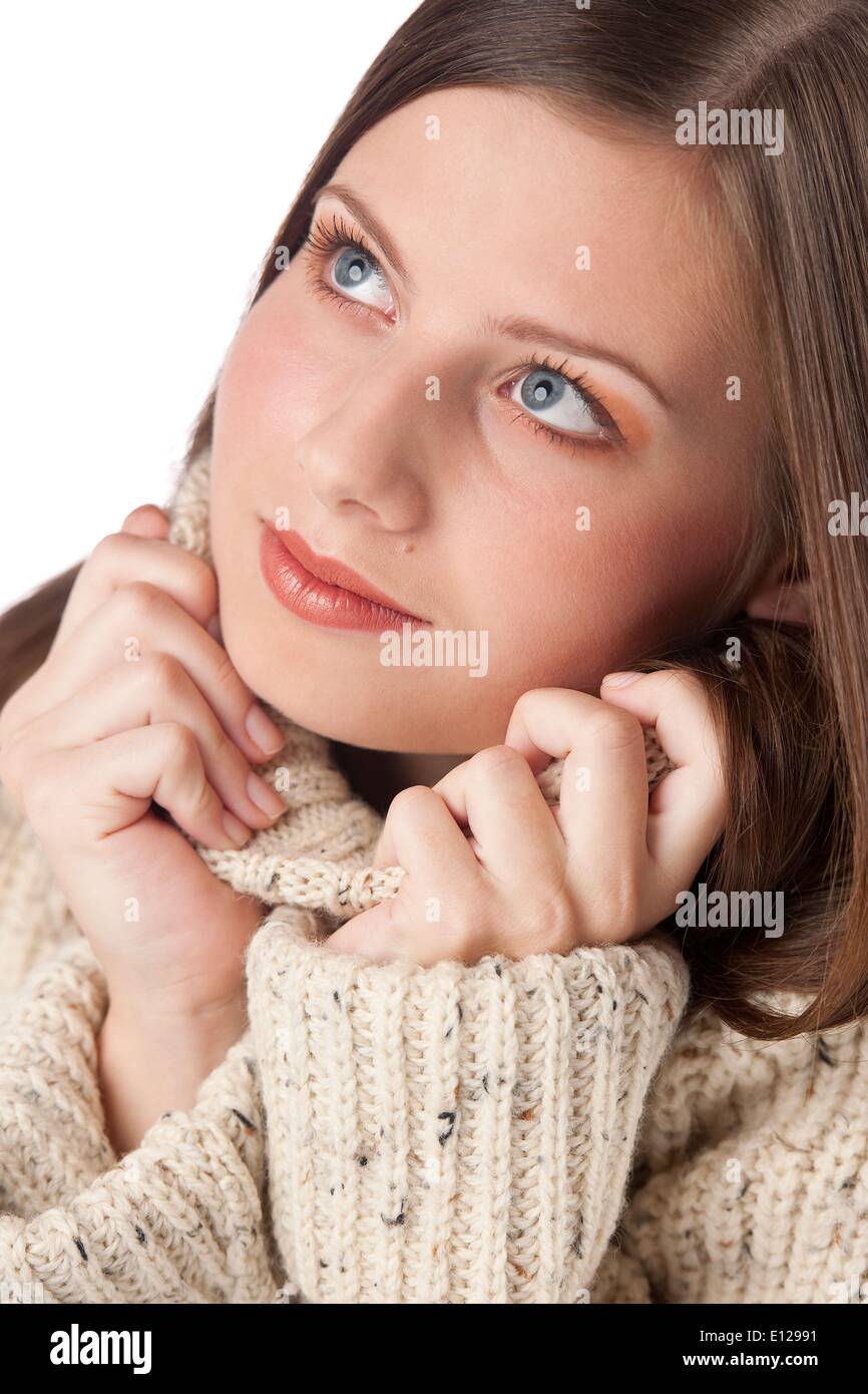 Oct. 29, 2009 - Oct. 29, 2009 - Portrait of beautiful young woman wearing turtleneck on white background : Stock Photo