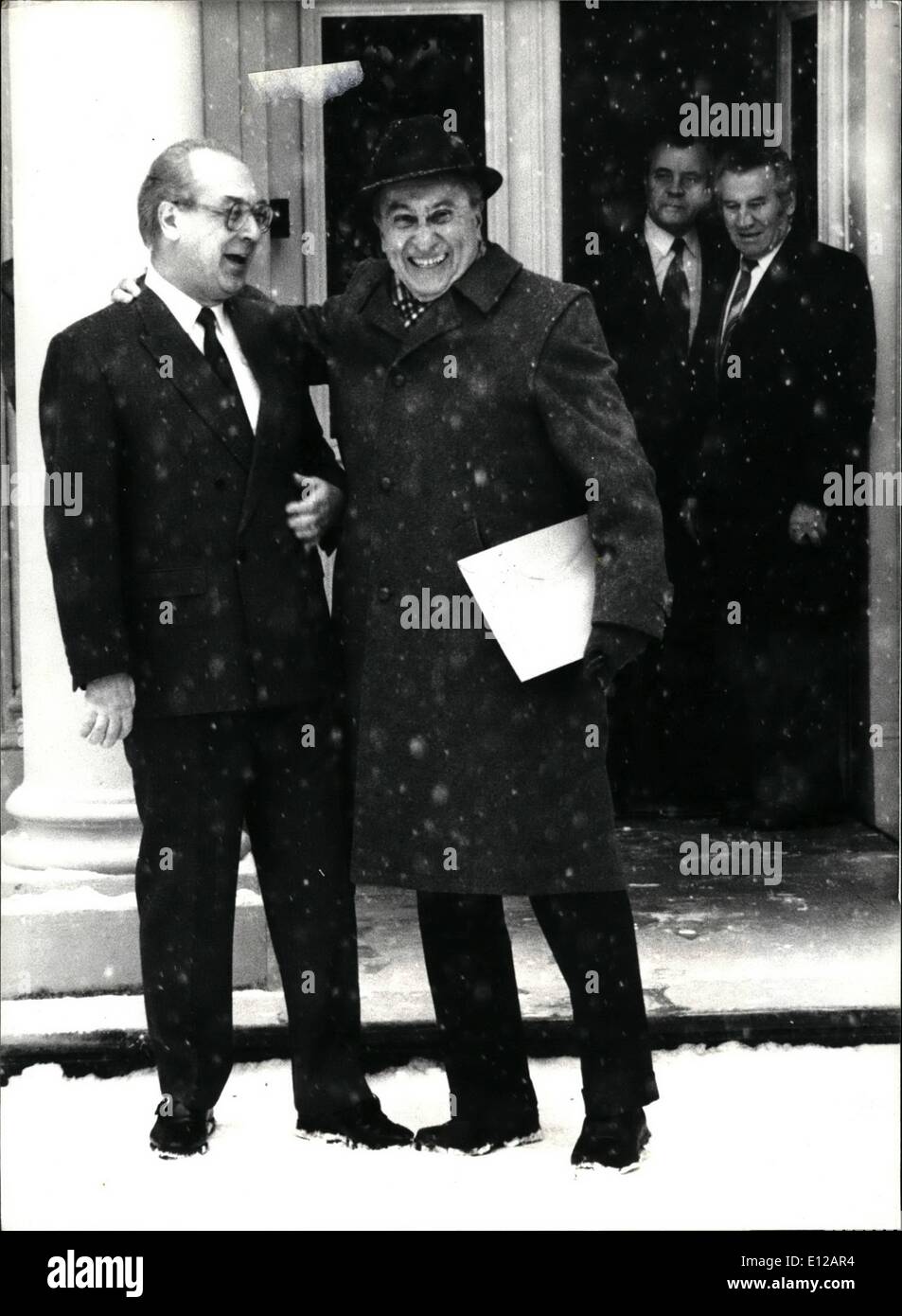 Dec. 09, 2011 - A new face in Geneva. As arms talks in Geneva go into their 7th round, the Soviet delegation broke the routine by announcing their new chief delegate Yuri Voronzov (L) who succeeded Victor Karpov. He was greeted by US counterpart Max Kampelman before they withdraw for preliminary discussions. January 1987 Stock Photo