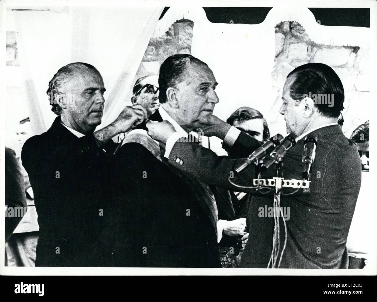 Dec. 16, 2011 - Official visit of Brazilian President Medici to Venezuela, February, 1973, being decorated by Venez. Pres. Caldera. Stock Photo