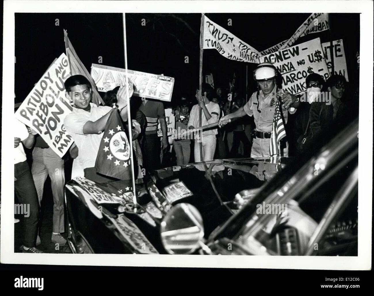 Dec. 16, 2011 - Anti-American students besiege car of Vice-President Spiro Agnew during his visit to the Philippines Jan 1970 for the Inauguration of President Ferdinand E. Marcos No violence broke out. Stock Photo