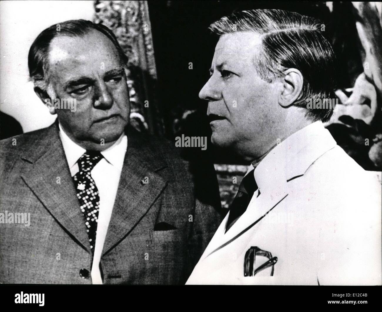 Dec. 12, 2011 - South Africa's Prime Minister Vorster Visited Chancellor Helmut Schmidt in Bonn; On June 25th 1976, the South African Prime Minister Balthazar Johannes Vorster (l.) paid a courtesy to visit the chancellor Helmut Schmidt (R.) in Bonn. The talk between the two heads of Government focused on the present situation in South Africa. Prime Minister Vorster, who was accompanied by his foreign minister Hilgard Muller, had paid a one week unofficial visit to West Germany, having talks with the US foreign minister, Henry Kissinger, in Bavaria also. Stock Photo