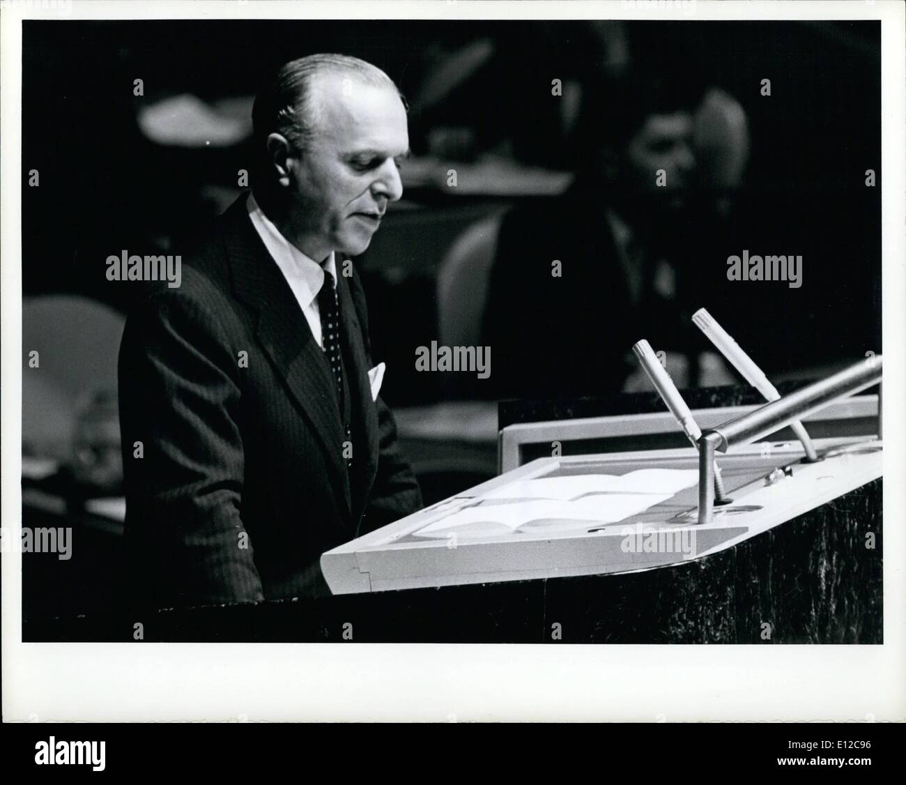 Dec. 16, 2011 - 13 African States and Cyprus admitted to UN United Nations, N.Y., 20 September 1960. As one of its first acts, the 15th regular session of the UN General Assembly, which opened in New York today, unanimously admitted 14 new States to membership in the United Nations. This brings the total number of States members of the UN to 96, almost double its original membership. Here, Ambassador Angle Sanz Briz, of Spain, is seen at the speaker's rostrum as he extended his country's welcome to the newly-admitted UN members. Stock Photo
