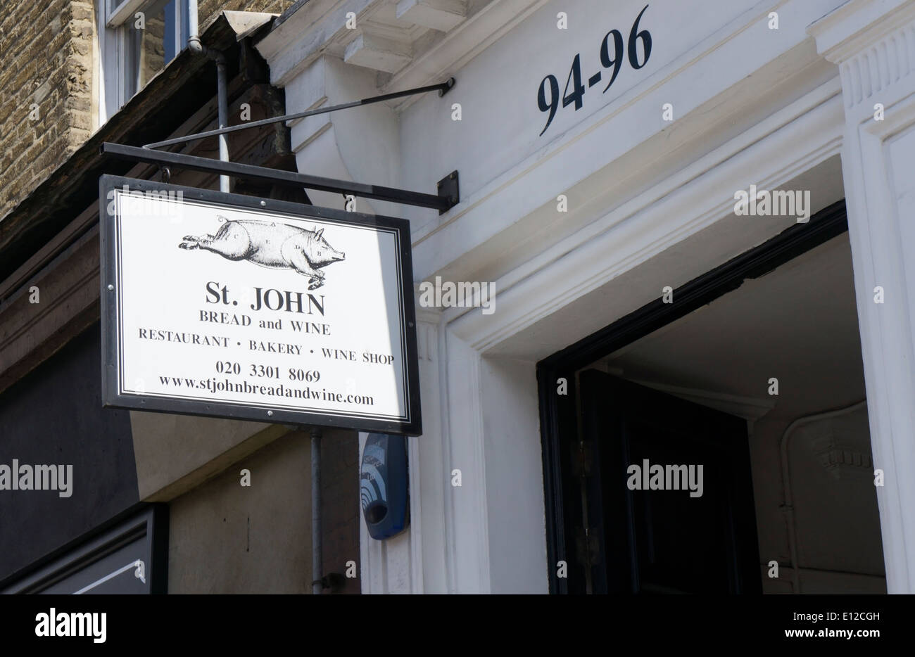 Sign for St John Bread and Wine at 94-96 Commercial Street in East London. Stock Photo