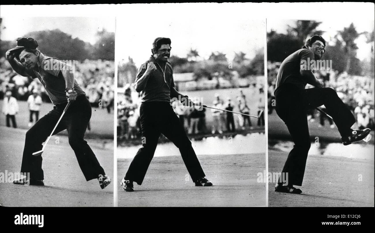 Dec. 12, 2011 - Winning Antics of Lee Trevino: Lee Trevino, dripped by tension at his winning putt goes into a frenzy of excitement. The emotional outburst came at the end of the 12th March Annual Doral-Eastern Open at Miami, Florida. Trevino has good reason for the outburst - how winning putt won him first prize, a cheque for 0,000. Stock Photo