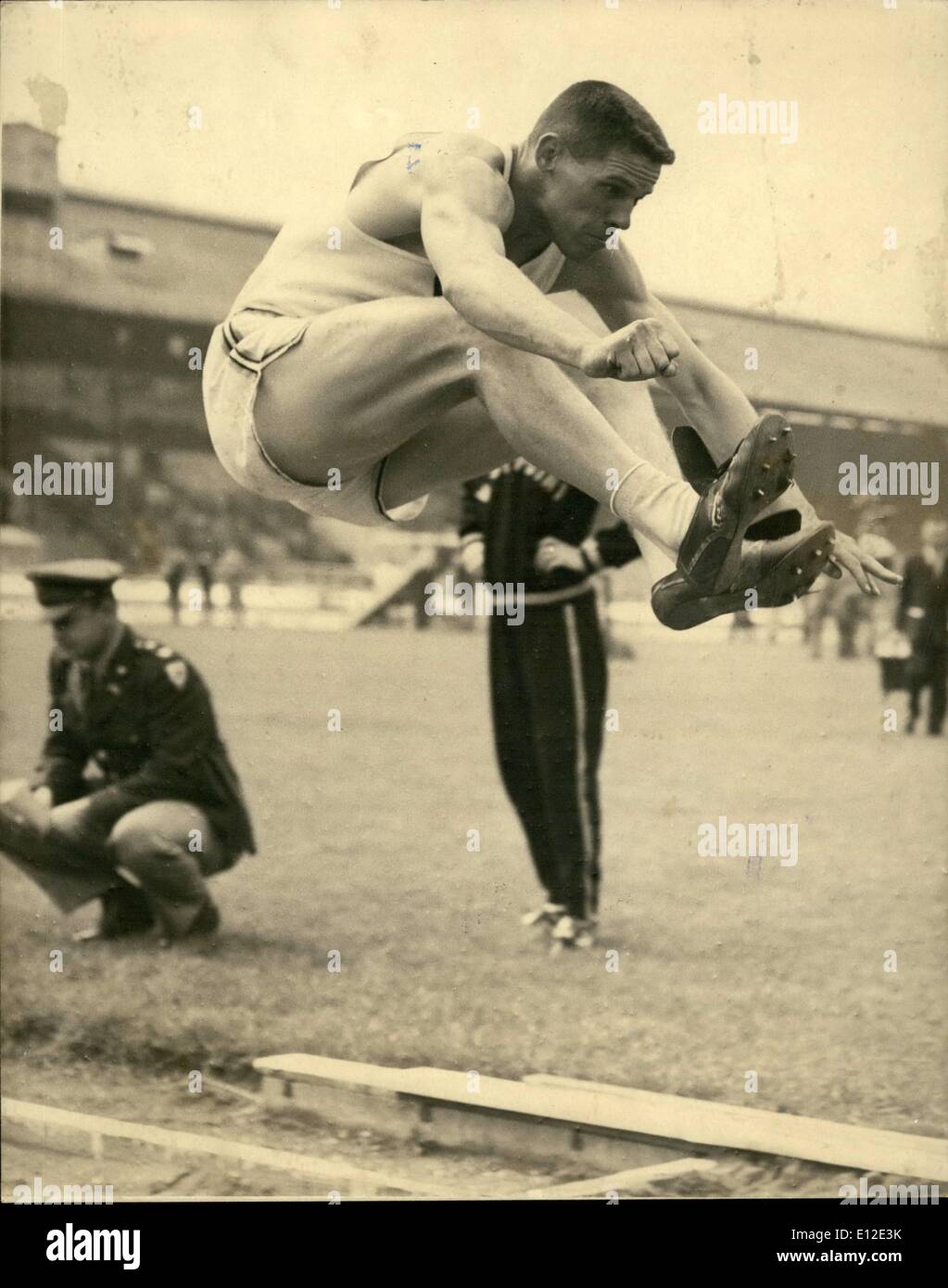 Dec. 20, 2011 - West Point Man In Long Jump R. Kyasky (west Point), of Ansonis, Connecticut, in the long jump at the Anglo-American Inter-University Meet between Oxford and Cambridge and West Point and Yale at White City, London, today June 11. Stock Photo