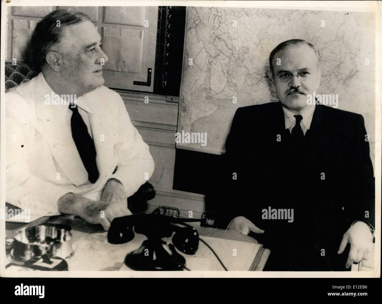 Dec. 16, 2011 - Photo shows President Roosevelt and M.Molotov, photographed during a conference at the White House. Stock Photo