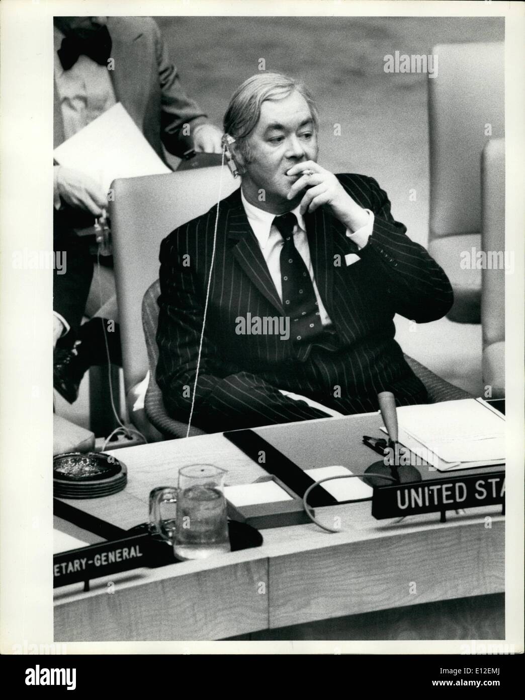 Dec. 21, 2011 - Monday 1-26-76 United Nations Plaza, New York. U.S. Ambassador to the U.N. Patrick Moynahan, smoking after casting the 13th United States Veto at the U.N. The U.S. veto defeated the final resolution of the Security Council debate on the Middle East. Stock Photo