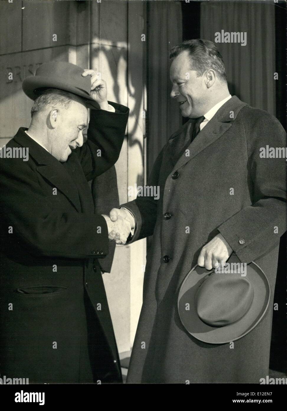 Dec. 21, 2011 - Mr. Brandt Meets Mr. Jean Monnet. Mr. Willt Brandt, Mayor of Berlin, arrived in Paris to participate in the fourth General Assembly of the Free unions of countries members of the European communities. Mr. Willy Brandt had a talk with Mr. Jean Monnet, president of the Committee for the United States of Europe. OPS Mr. Jean Monnet, left, shaking hands with Mr. Willy Brandt. Stock Photo
