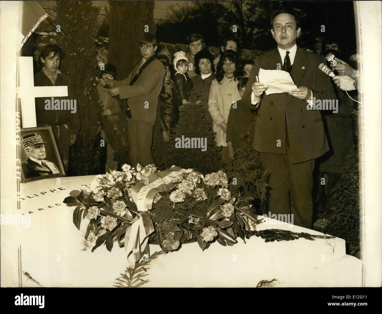 Dec. 26, 2011 - A delegation of the ''Association Petain - Verdun'' conducted by their President Robert De Perrier went to the Ile D' Yeu to deposit flowers on the tomb of the late Marechal Petain after the profanation of the tomb. Stock Photo