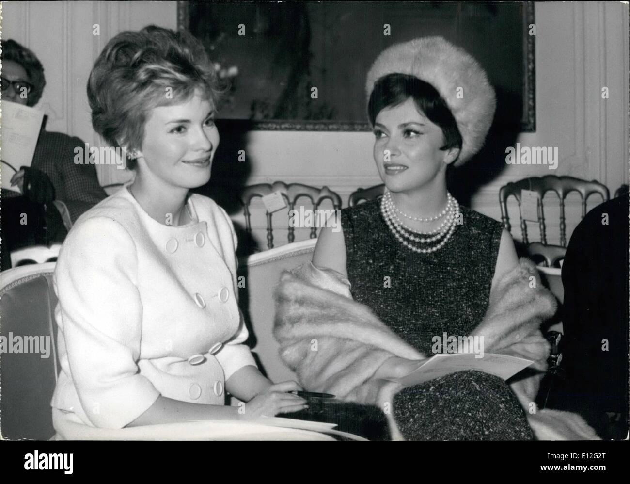 Dec. 26, 2011 - Gina Lollobrigida and Jean Seberg met in Christian Dior's show room to assist the presentation of Marc Bohan's spring and summer collection for 1963. Photo shows Jean Seberg and Gina Lollobrigida before the beginning or the presentation. Stock Photo