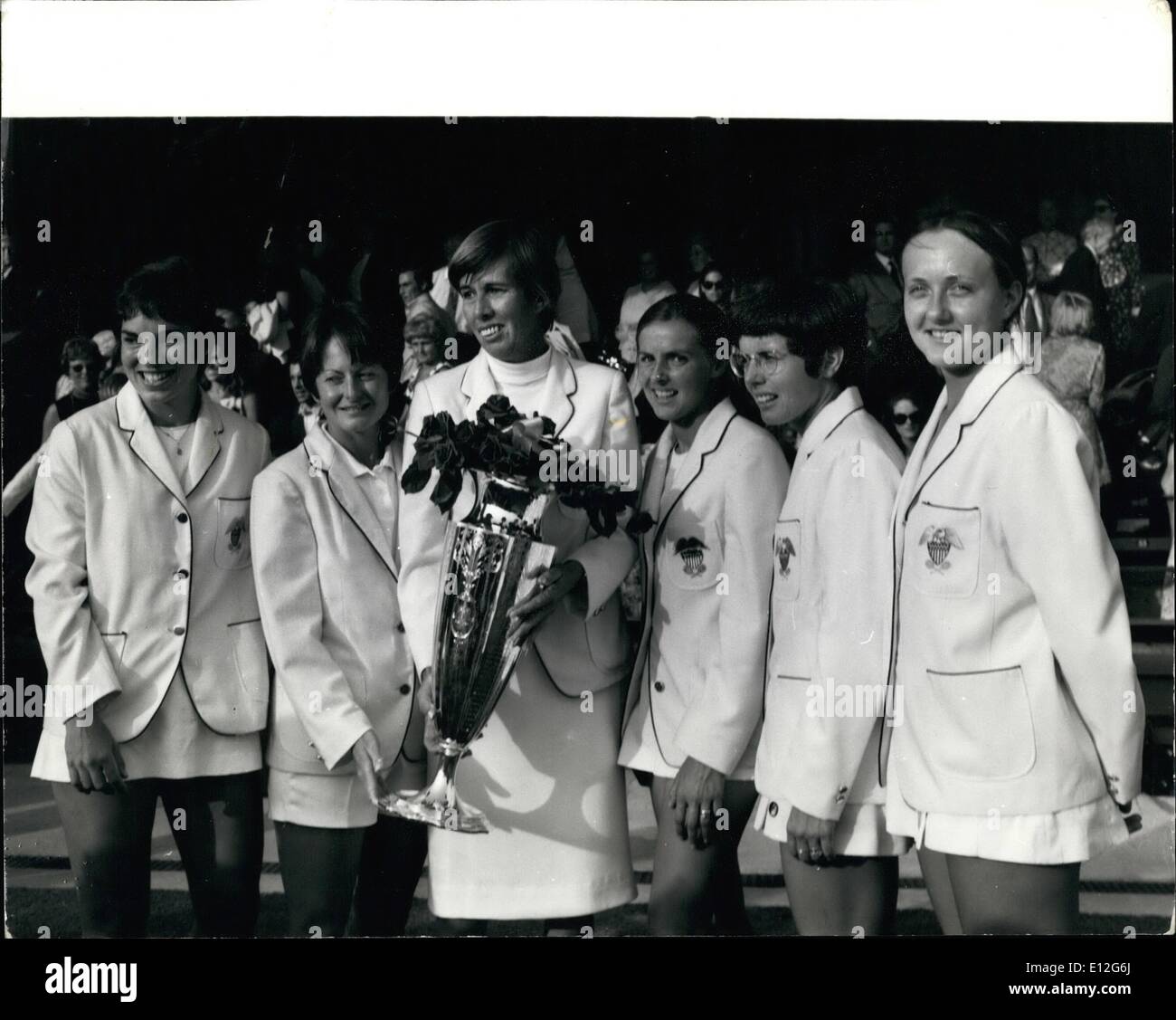 Jan. 09, 2012 - Wightman Cup at Wimbledon USA Beat England 4-3: Picture Shows: The Winning Wightman Cup Team with the Trophy after beat Britain by 4-3 at Winbledon today. L-R. Miss Heldman , Miss Richey, Doris Hart, Capt, Miss Curtis Billie- Jean King, and Miss Bartkowicz. Stock Photo