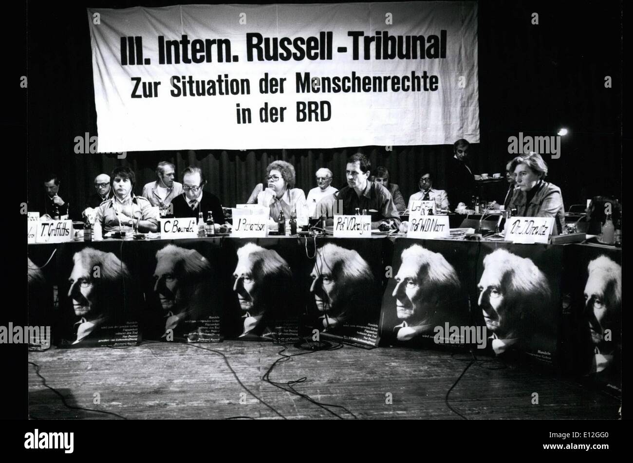 Jan. 10, 2012 - The Russell tribunal Confered in Franefurt/.Main - Some days ago there took place the 3. Internations Russell Tribunel in Frankfurt/Main. The 28 members discussed, if in the Federal Republic of Germany the basic and human Republic of Germnay the basic and human rights are in danger. The Chairman of the tribunal, the Yugoslavic regime-Critic Prof. Vladimir Dedijer Declared. that the tried bynal doesn't want fo defame the Federal Republic. The Russell Tribunal, which members are of many countries, is declined by the Federal Goverment, the parties and the trade-unions Stock Photo