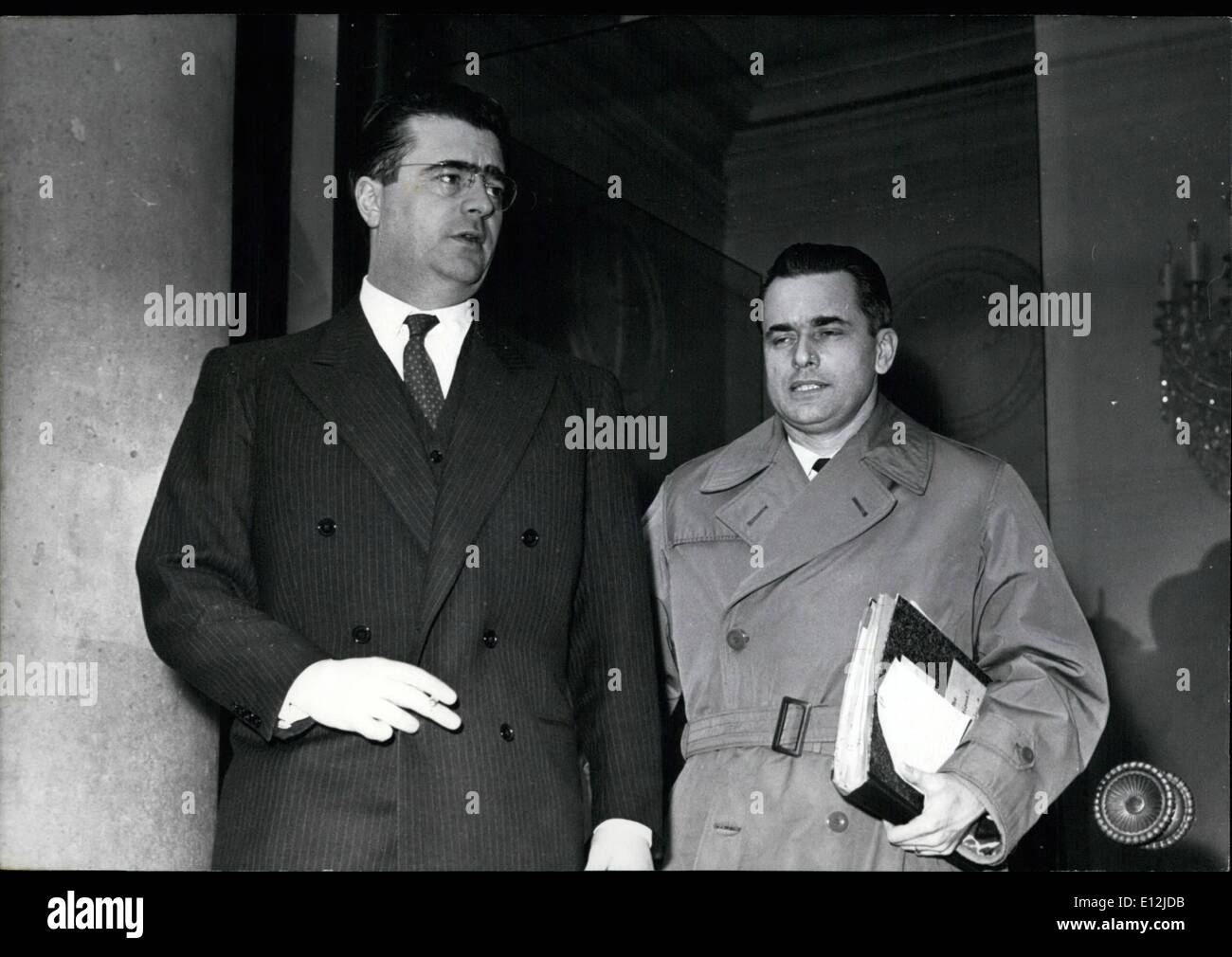 Feb. 24, 2012 - Cabinet Meeting: Important problems discussed. M. Felix Gaillard, Prime Minsiter (right) and M. Chaban-Delmas, Defence Minister, leaving the Elysee after the cabinet meeting today. Jan. 15/58 Stock Photo