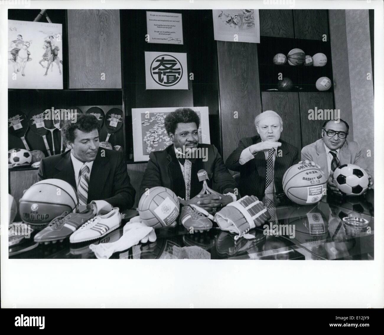 Feb. 24, 2012 - Don King: Promoting sporting goods from Red China. Left: Larry Gerschman, President Don King Associates Right: Charles Abrams, Chairman of the board China Trade Corp. for right: Alvin Schonfeld, President and Director China Trade Corp. (w. glasses) Stock Photo