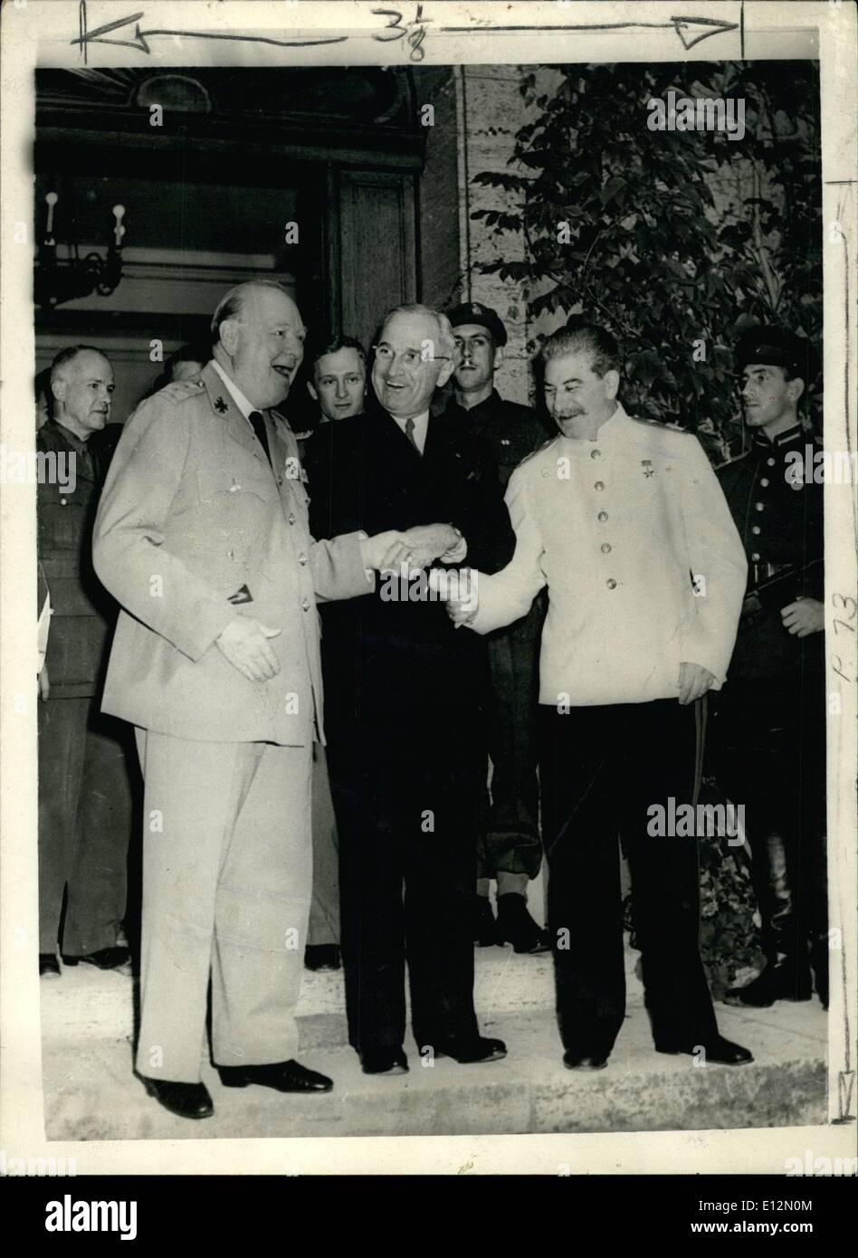 Feb. 24, 2012 - Sir Winston celebrates his 90th birthday. Sir Winston Churchill celebrates his 90th birthday on Monday 30th November 1964. Photo Shows: Triple handshake for the Big Three after the Potsdam Conference: L-R: Winston Churchill, Pres. Truman and Marshal Stalin. Stock Photo