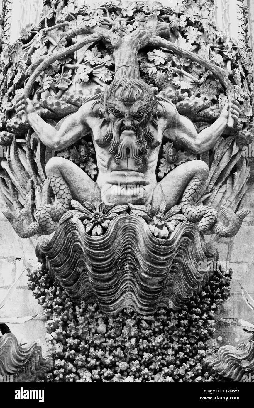 Triton Gate Manueline style sculpture Palacio Nacional da Pena UNESCO world heritage site Sintra Portugal western Europe Stock Photo