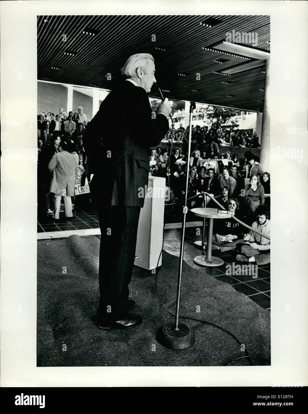 Feb. 25, 2012 - Thursday, Oct. 28th, 1976 Trenton Commons, Center City, Trenton. Presidential candidate for the Independent Party, Eugene McCarthy, speaking to an enthusiastic audience of students at the Student Center of the Trenton State Campus. Stock Photo
