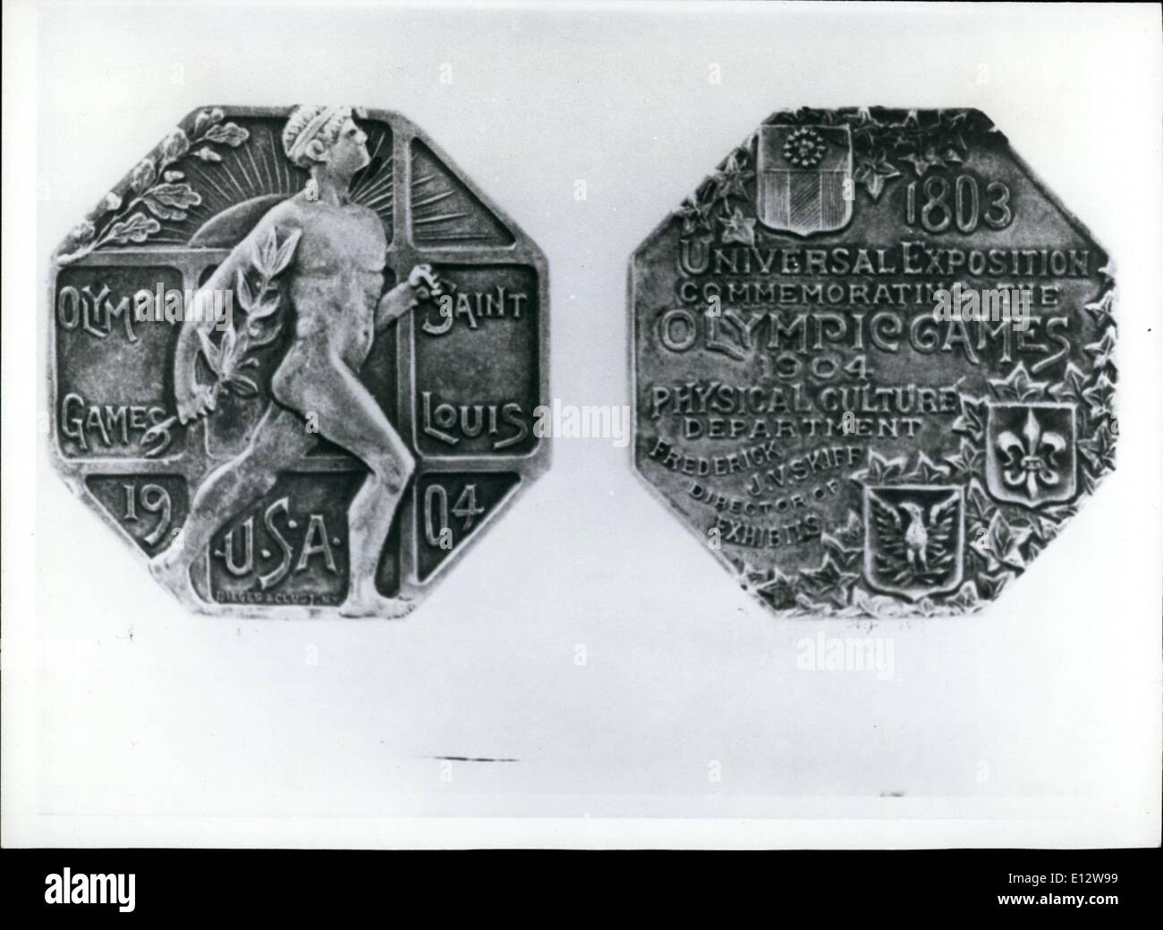 Feb. 25, 2012 - The very first medal for Canada won by the montrealer Etienne Desmarteau at the hammer throw, at the Olympic Games in St. Louis USA, in 1940. Keystone Montreal, Canada. Stock Photo