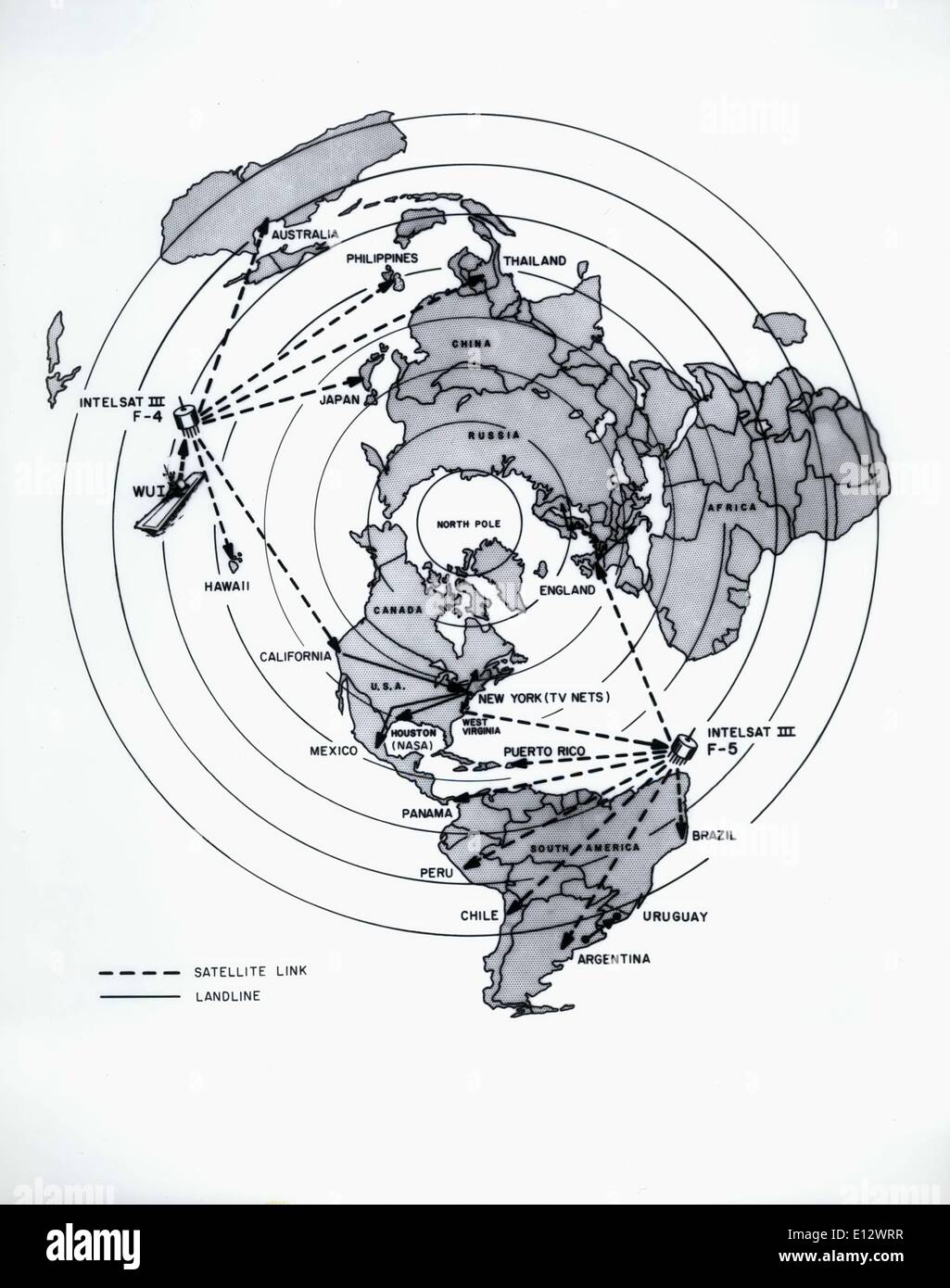 Feb. 26, 2012 - An estimated 500 million viewers in 49 countries will see the Apollo 11 splashdown, July 24, on television. Through a complex network of satellites, ground stations and landlines shown on the polar projection of the globe, the ''live'' colorcast travels along multiple paths totalling about one-third of a million miles to reach the 1000 television stations expected to carry the event Stock Photo