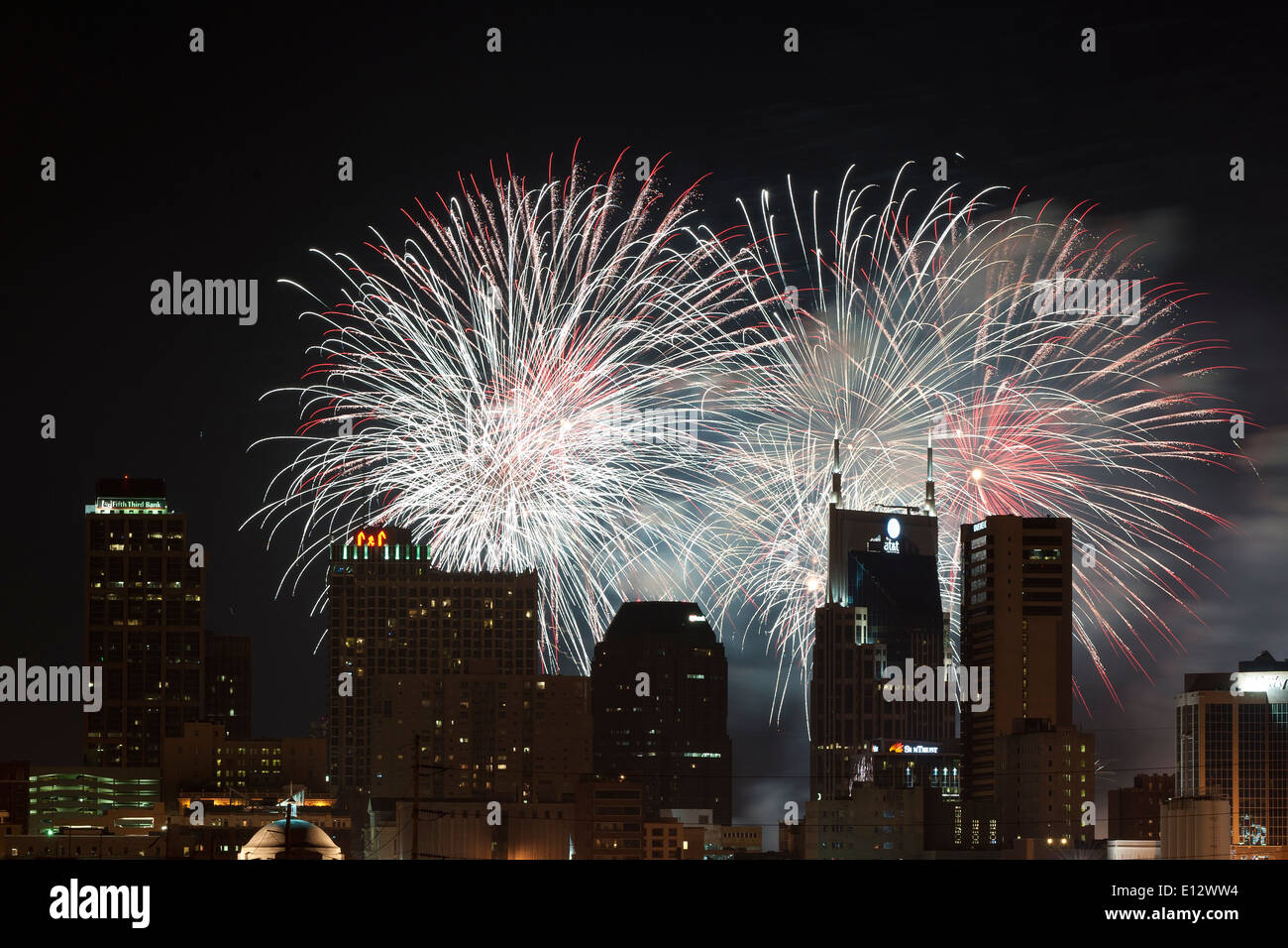 Fourth of July celebration with fireworks over the Nashville Skyline
