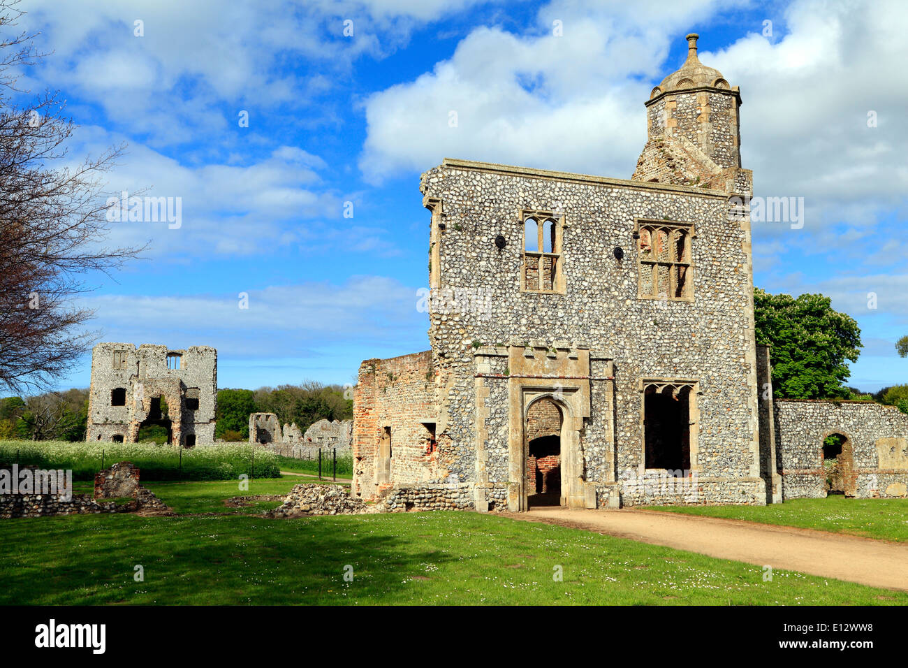 Baconsthorpe Castle, medieval Outer Gatehouse with inner Gatehouse in background, Norfolk England UK English castles Stock Photo