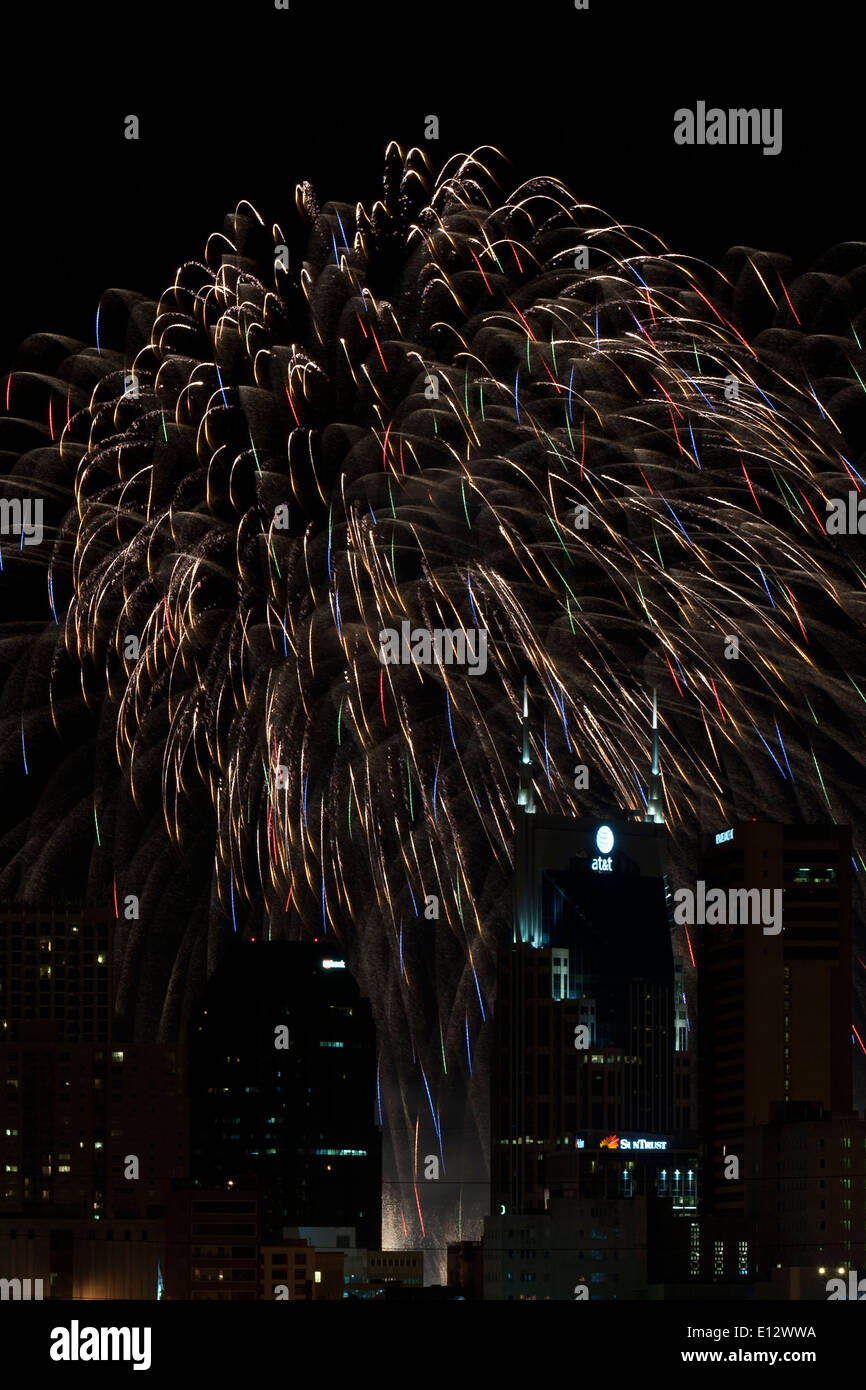 Fourth of July celebration with fireworks over the Nashville Skyline