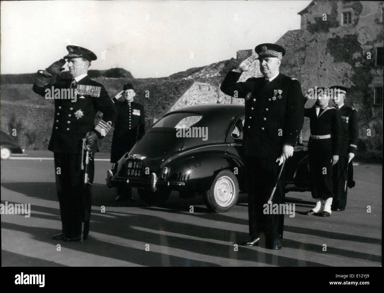 Feb. 25, 2012 - Admiral Denny's Farewell: Admiral Denny, Commander of the Home Fleet paid a Curtesy Visit to Bresy Harbour before leaving for N.A.T.O. where he is going to take Possession of his functions. Photo shows Admiral Denny and Admiral Jourdan prefect of Brest. Stock Photo