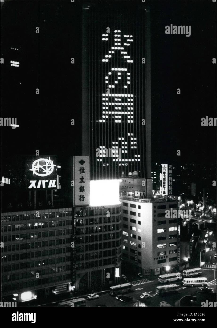 Feb. 25, 2012 - Office lights spell out fire warning. A Tokyo fire insurance company worked out a design for a fire warning by lighting windows in their skyscraper building in Shinjuku, Tokyo and leaving other windows unlit. In Japanese the slogan reads Hinoyojin and in English Be Careful With Fire . The letters are 193m tall and 42m wide. (6-12-76) Stock Photo