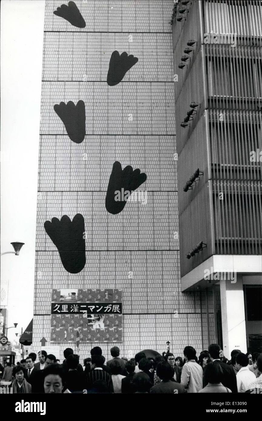 Feb. 25, 2012 - The abominable snowman in Tokyo ? There is no truth in the rumour that the mysterious Yeti, otherwise known as the abominable Snowman, has arrived in Tokyo and was sighted walking up the wall of a city building. The footsteps on the wall is the work of Japanese cartoonist Yoji Kuri to attract Tokyoites to a display of Japanese colour television sets a new design. Stock Photo
