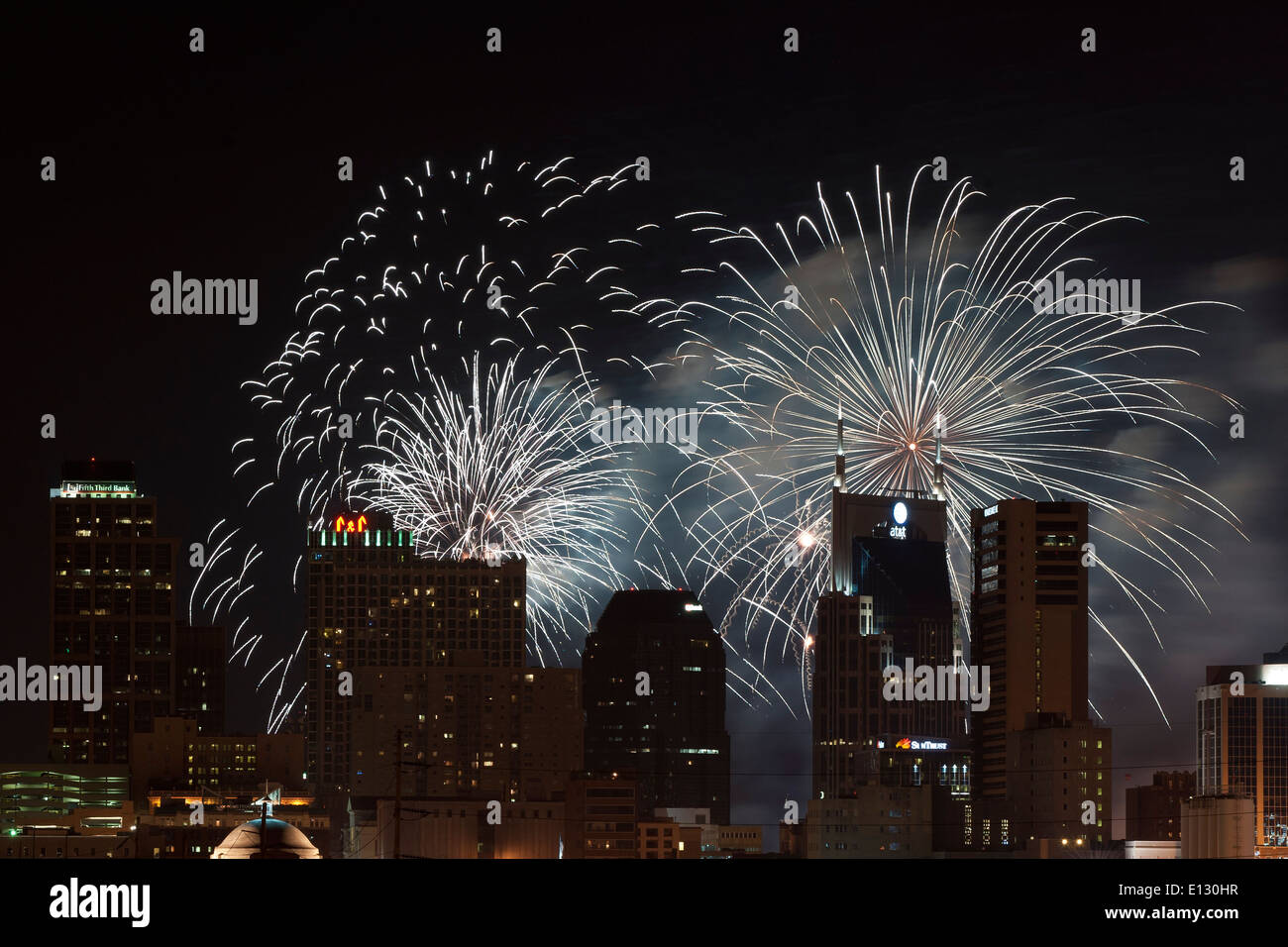 Fourth of July celebration with fireworks over the Nashville Skyline