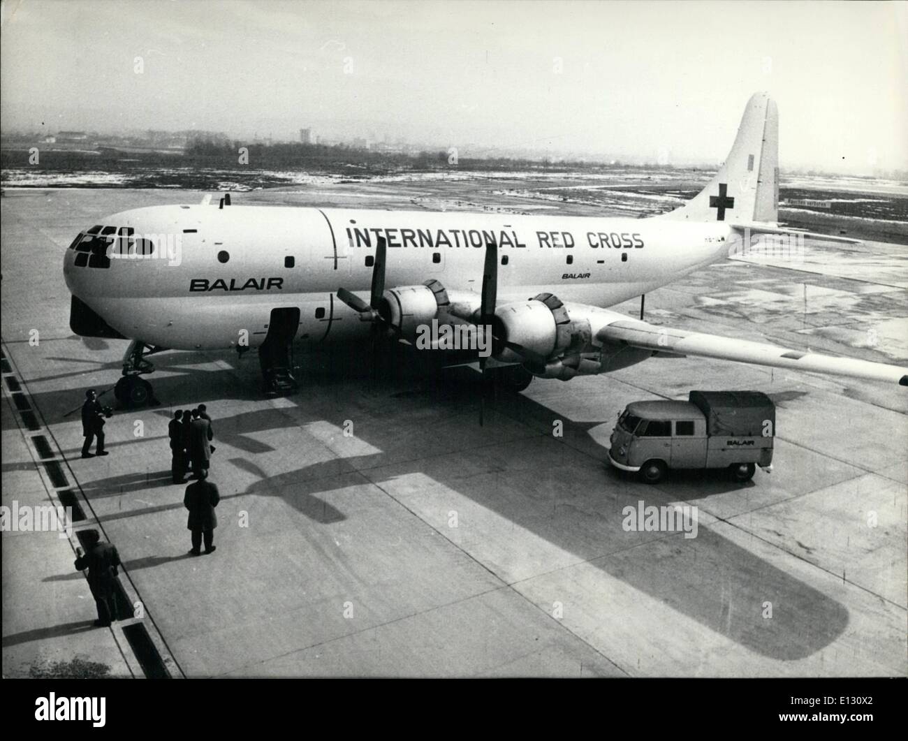 Feb. 26, 2012 - Balair is flying for Biafra. The Balair a private company at Basel has now given 4 Boeing-Strato-freighters of the type C-97 at disposition of International Red Cross. They are already flying with food to Biafra. Zurich, Feb. 24th, 1969 Stock Photo