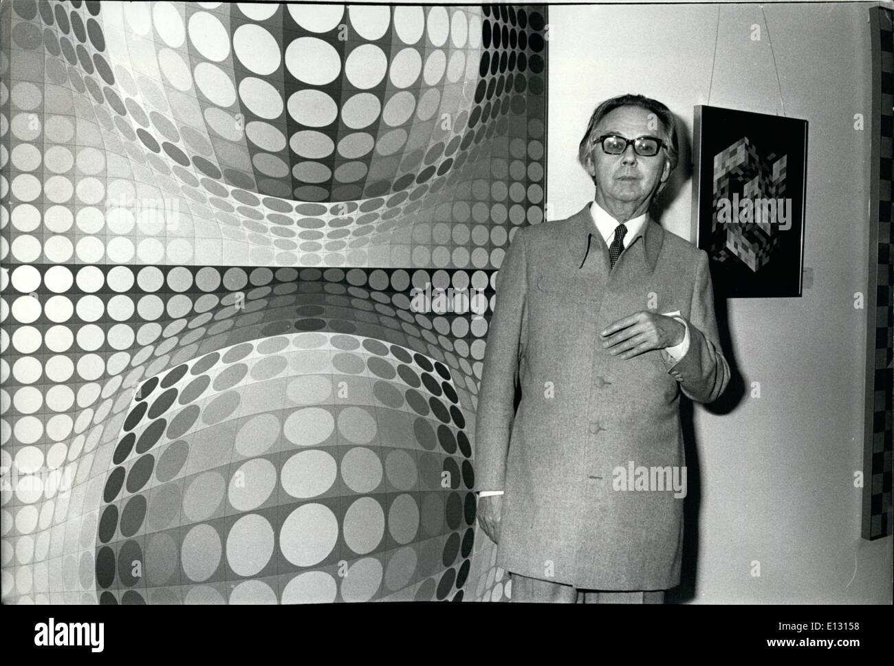 Feb. 26, 2012 - Inaugural Exhibit of the new Vasareley Center 1015 Madison Ave. NYC, 19 May '78. Painting, Collages and serigraphs by - Victor Vasarely, one of the world s foremost artists, was born in Hungary, and has lived in Paris since 1930. The father of Optical Art is represented world wide in major museums and collections. Among others, in the United States: Museum of Modern Art. New York, Solomon R. Guggenheim Art Museum. New York, Rockefeller Foundation. New York, Buffalo Museum, Pittsburg Museum of Art, Joseph Hirshorn Foundation, Jewish Museum Stock Photo