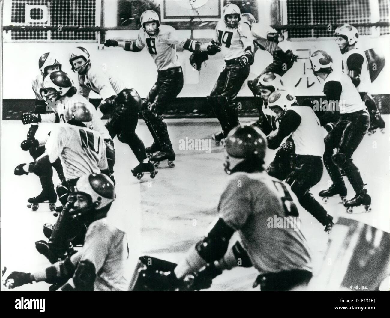 Feb. 26, 2012 - Plan To Make Rollerball A Reality: A United States consortium is said to have offered one-million dollars for the world-wide licence to make ''Rollerball' into a reality. This will meet with considerable opposition from Norman Jewison, the producer, director of the film, which has already grossed about nine-million pounds in two months showing in America. The film features a chilly blood-letting killer sport set in the year 2018. The game is on a circular track with a steel-coated ball and the skaters are equipped with special steel-studded gloves and helmet Stock Photo