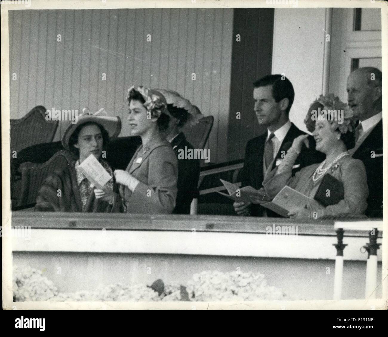 Feb. 26, 2012 - Princess Margaret and Group Captain Peter Townsend - At Ascot.: Photo shows Princess Margaret on left - The Queen (Then Princess Elizabeth); Group captain Peter Townsend - friend of Princess, and who the Princess Margaret, and who the Princess is said to wish to marry) and the Queen Mother - seen in the Royal Box at Ascot (13-6-51) Stock Photo