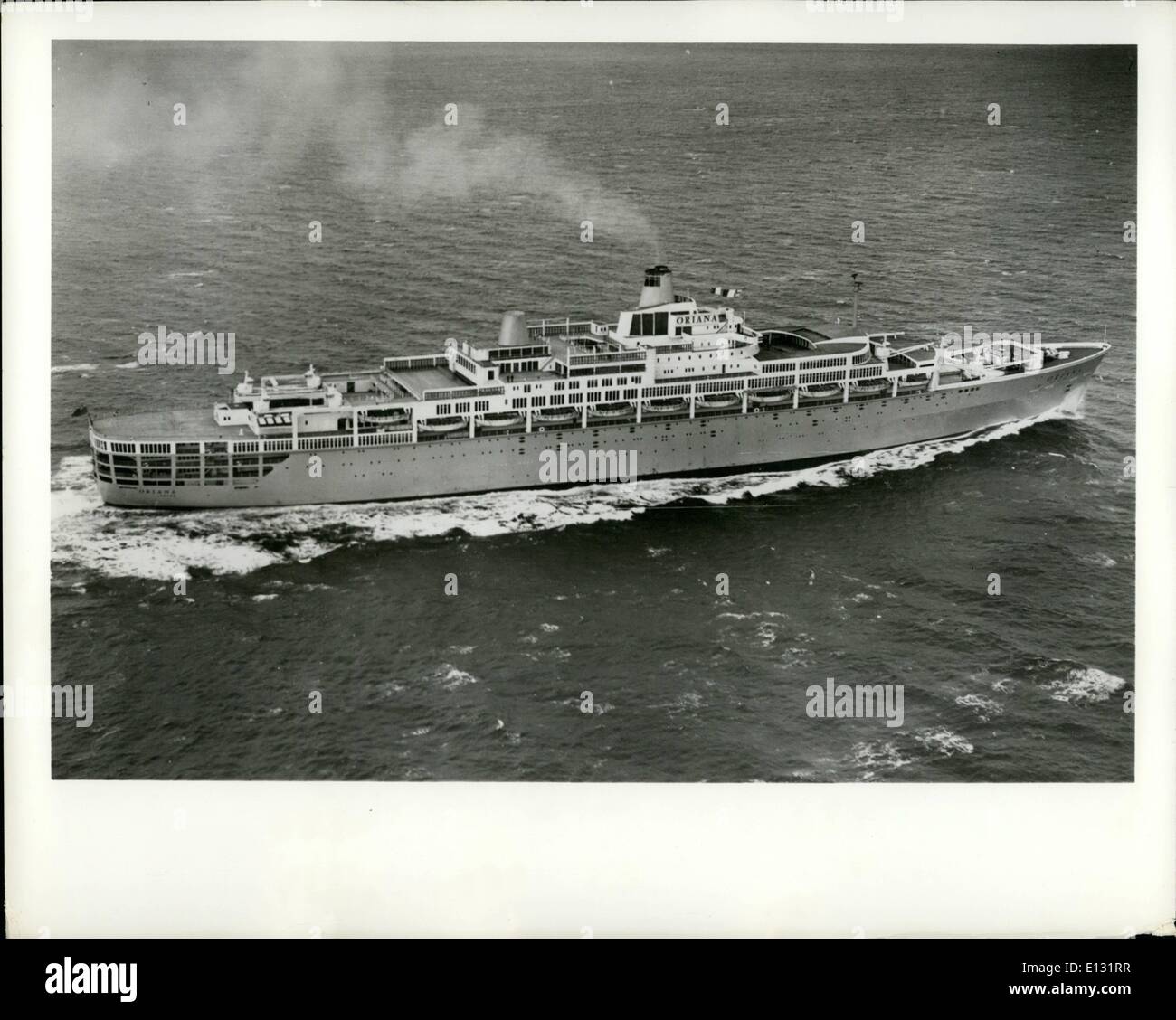 Feb. 26, 2012 - NEW LUXURY LINER ON HER WAY TO U.S. Britain's newest luxury liner, the 42,000 ton P. and O. Oriana, is on the maiden voyage of her London., Australia, and United States West Coast port run. She is due at San Fransisco February 5th to 7th and Los Angeles February 8th tp 9th. 50 first-class children's berths are in addition to her accommodation for 688 first-class and 1,496 tourists class passengers. She is 804 ft in length, 97 feet wide and carries a crew of 899 Stock Photo