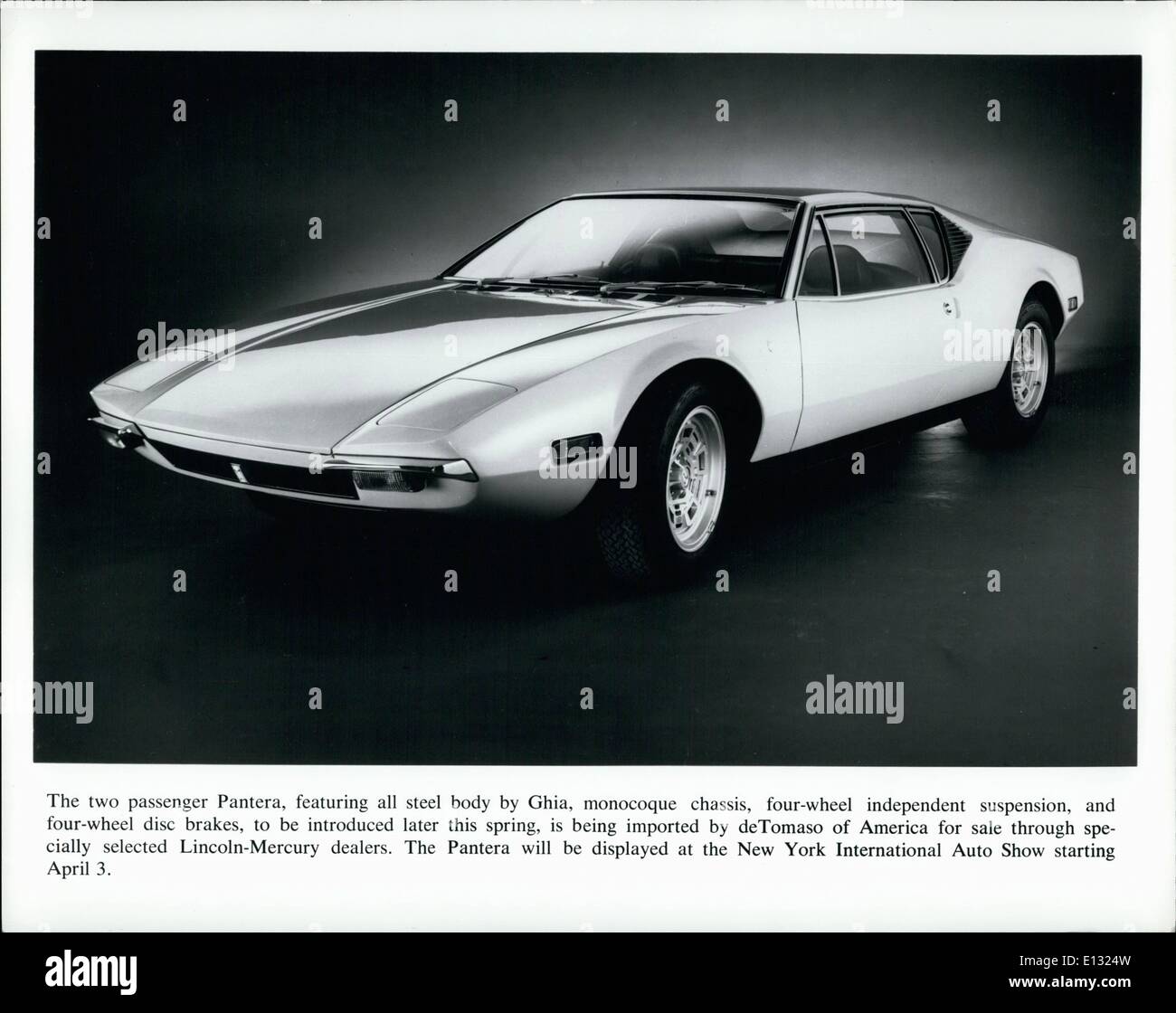 Feb. 26, 2012 - The two passenger Pantera, featuring all steel body by Ghia, monocoque chassis, four-wheel independent suspension, and four-wheel disc brakes, to be introduced later this spring, is being imported by deTomaso of America for sale through specially selected Lincoln-Mercury dealers. The Pantera will be displayed at the New York International Auto Show starting April 3. Stock Photo