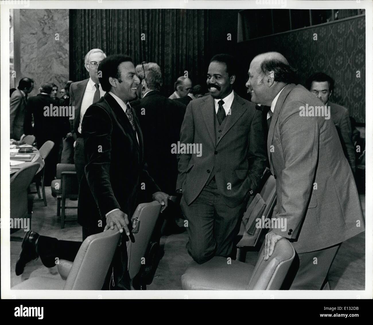 Feb. 26, 2012 - Saturday, Jan. 13th, 1979, the United Nations Security Council, New York, New York. Left to right: United States Ambassador Andrew Young, U.S. Ambassador Donald F. McHenry and Colin Eglin, Leader of the South African Opposition Party, the Progressive Federal Party, talking prior to the beginning of the Councils debate on Democratic Kampuchea (Cambodia) Stock Photo