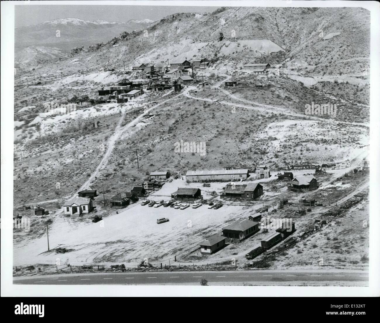 Feb. 26, 2012 - Hawk's Eye View of Tropico Gold Mine, Mill&camp shows Gold camp with its Museum and Authentic period buildings down slope and the Gold mine and custom mill's clustered sheds halfway up the hill the big red Tropico hill, long a landmark in southern California's high desert Antelope valley, has become a major tourist attraction since closing down mining operations in 1956 and opening to the public in 1958. Stock Photo