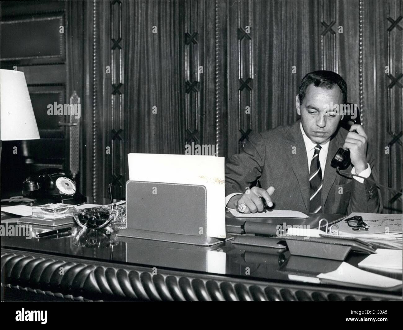 Feb. 26, 2012 - The New King Hassan II of Morocco, at his desk.He scorns secretaries and prefers using the telephone and other methods of direct action only UN-Western thing about him is his huge ring on the little finger of hos right hand. Stock Photo