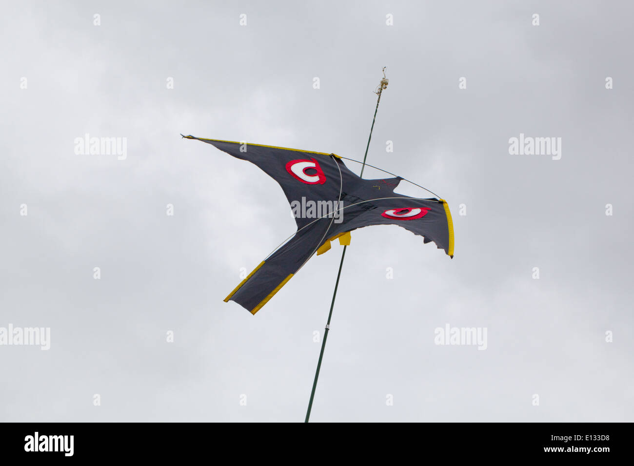 Bird scaring Kite, with much emphasized eyes, used to act as a scaring device over  crop of peas. Ingham. Norfolk. Stock Photo