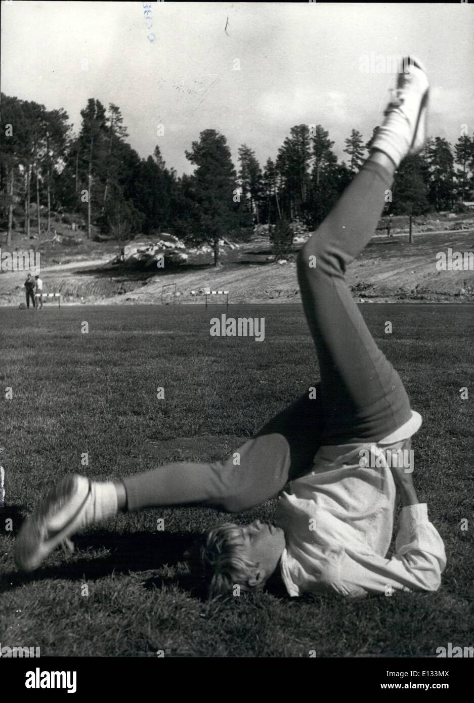 Feb. 26, 2012 - Mary Rand Keeps Fit In The Alps Mary Rand doing one of her physical exercises on the track at Font Romeu, in the French Alps. Stock Photo
