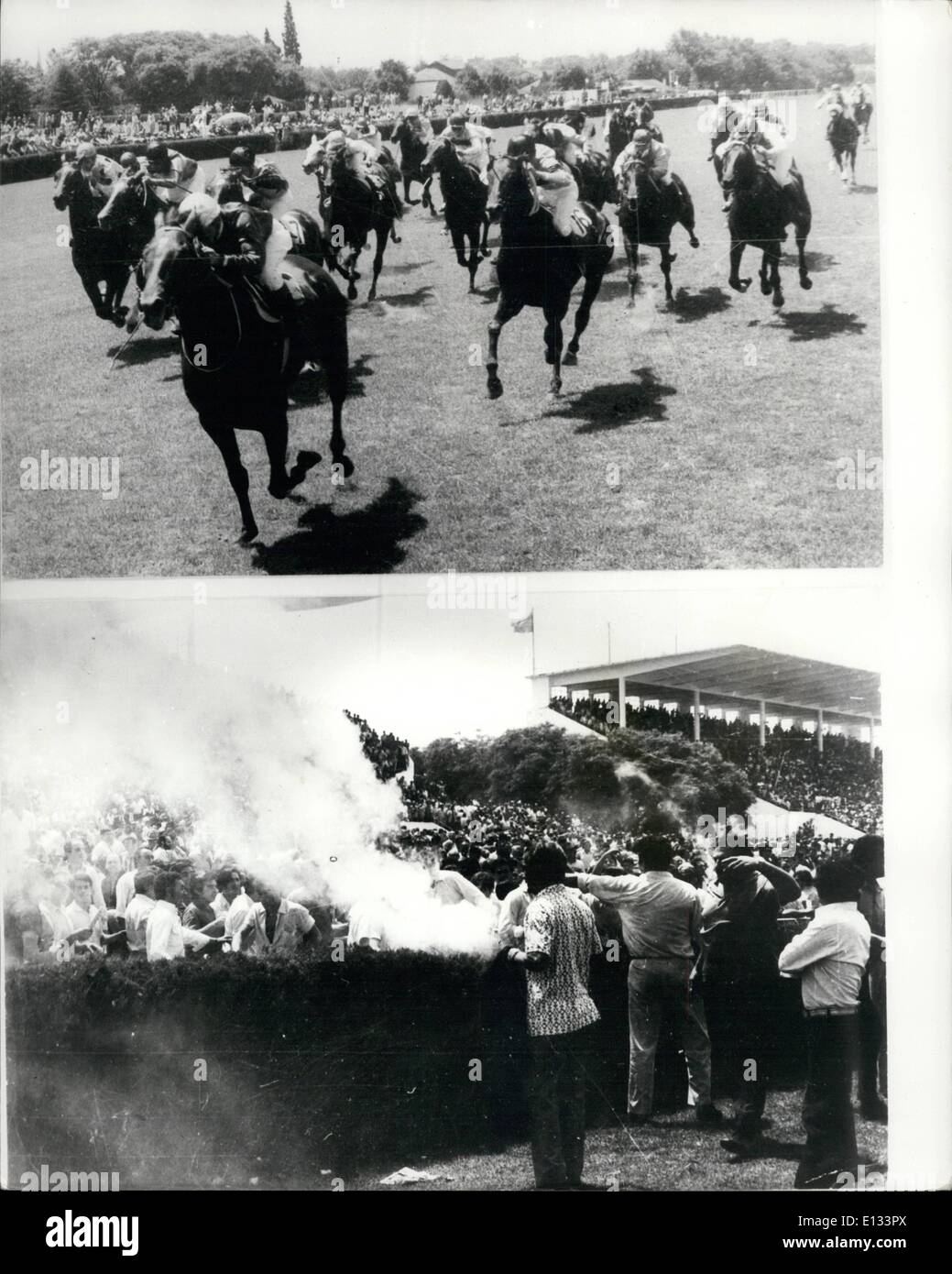 Feb. 26, 2012 - What Happens in Argentina When the Favourite Loses: A riot broke out when the favourite lost at the Hipodrome de San Isidro, Buenas Aires. Speculations was a hot favourite- but the race was won by Molle , a rank outsider. Demonstrators destroyed installations and tried to burn the stands. Photo Shows top picture: The outsider Molle winning the race. Bottom picture: The demonstrators trying to burn one of the stands. Stock Photo