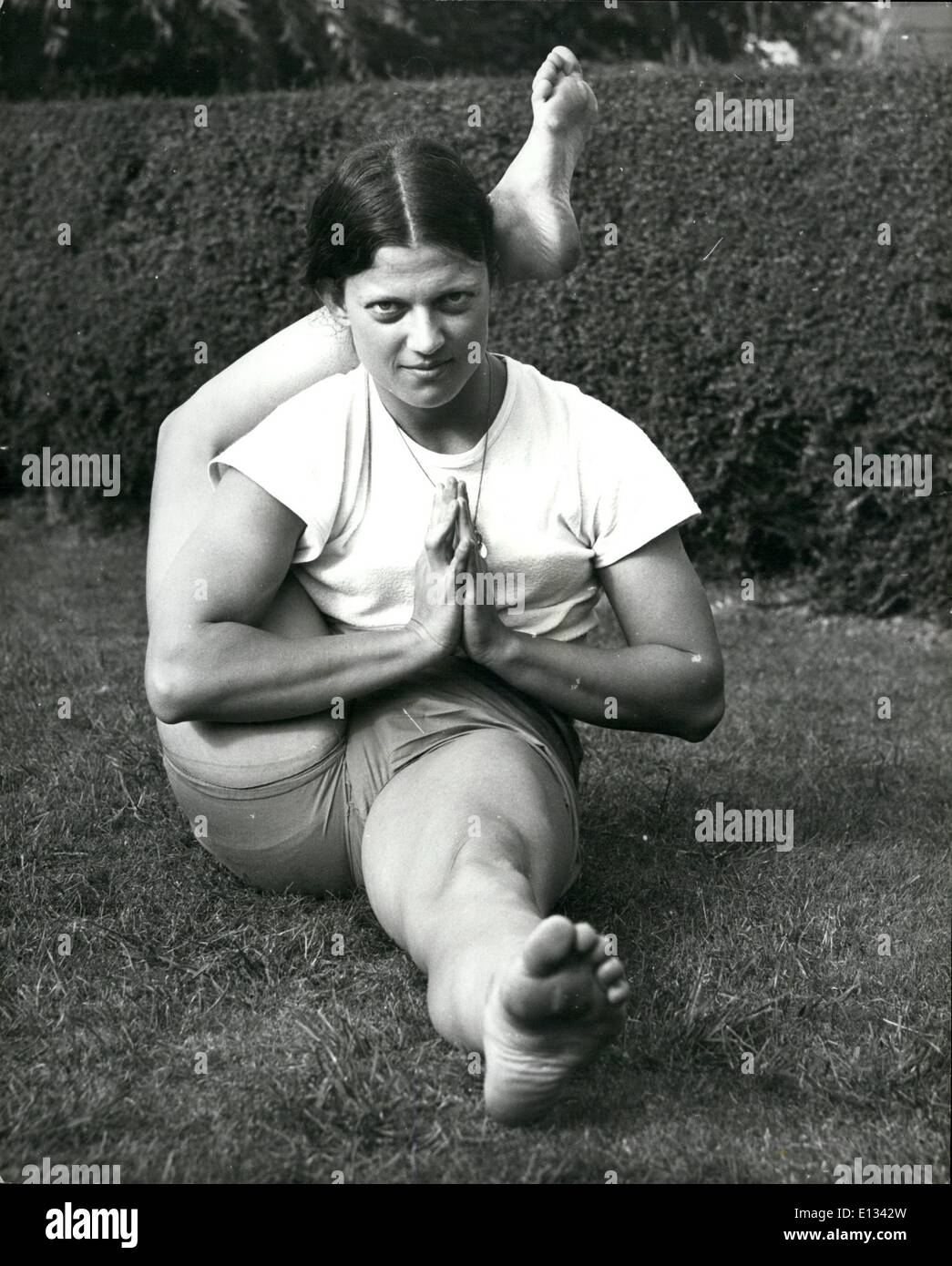 Feb. 26, 2012 - You Too Can Have Body Like Dona's ''It is difficult,'' said Dona Holleman, ''for the Western mind to accept yoga.'' And pictures of Dona demonstrating it at Bath help to underline the difficulty. But for those who want to have a go, Dona is here to teach them. Bath Technical College is organising a weekend course. Dona is Dutch - she was born in Java - met a guru in Switzerland, went to India, taught yoga in Holland and is in England to teach it here. She has been learning yoga for six years. ''I spend four hours a day practising.'' she said. Yoga is her religion Stock Photo
