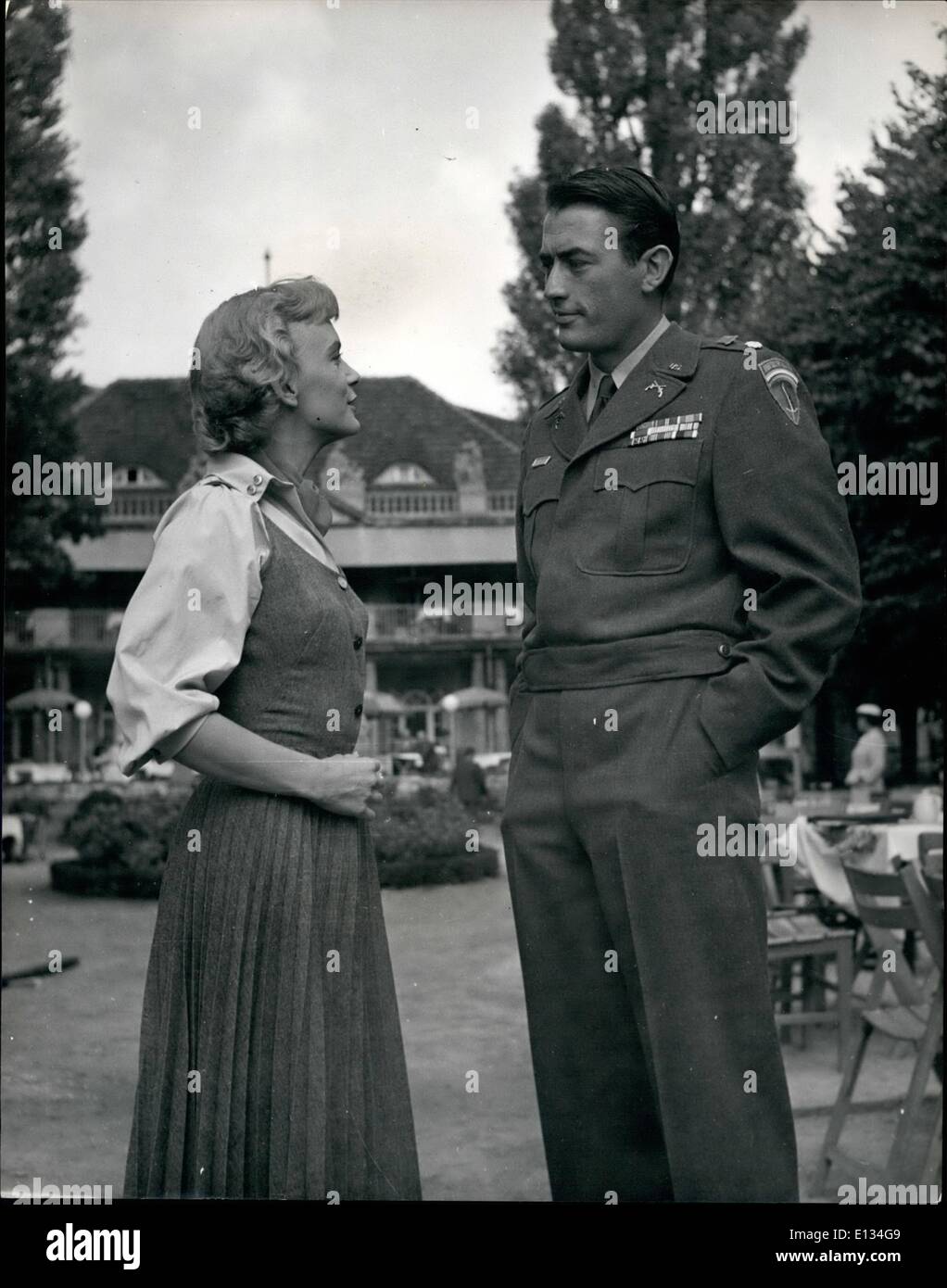 Feb. 28, 2012 - Lieut. Col. Van Dyke (Gregory Peck) talks to the beautiful Holly (Anita Bjoerk) with whom he has fallen in love. He discovers lately that although she claims she is a member of the Underground movement in East Berlin she really is a Russian agent. Stock Photo