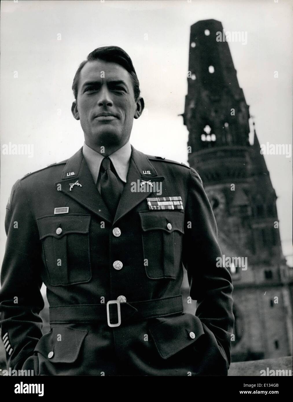 Feb. 28, 2012 - Gregory Peck Stars in new American film made in Berlin.: All exterior shots for the new 20th century fox film, ''Night People'' have been made in the streets of Berlin and the interiors will be shot later in the studios in Hollywood. The story of the film is highly topical based on the struggle between East and West Germany and is directed by Nunnally Joohnson. A young G.I. (ted Avery), is engaged to a German girl (Marianne Koch). Returning to barracks one night in the Western Zone a stranger asks him for a light and as the G.I Stock Photo