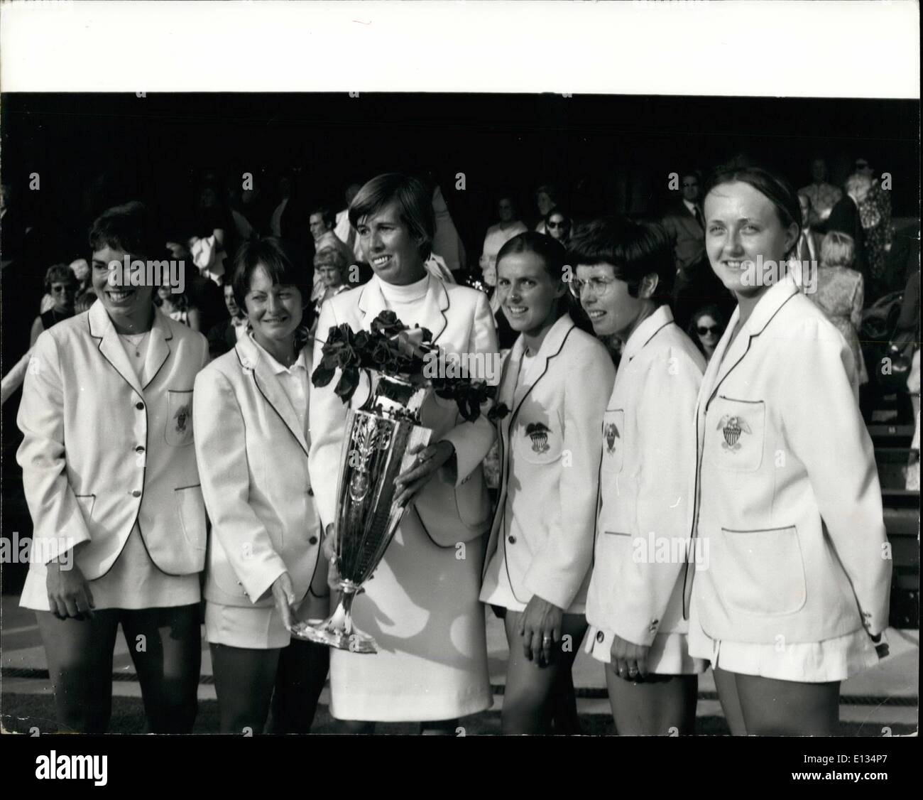 Feb. 26, 2012 - Wightman Cup at Wimbledon USA beat England 4-3.: Photo shows the winning Wightman Cup team with the trophy after beat Britain by 4-3 at Wimbledon today. L-R. Miss Heldman, Miss Richey, Doris Hart, Capt, Miss Curtis, Billie-Jean King, and Miss Bartkowicz. Stock Photo